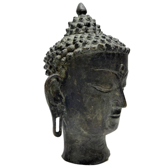 boeddha hoofd brons himalaya oude patina gesloten ogen ushnisha