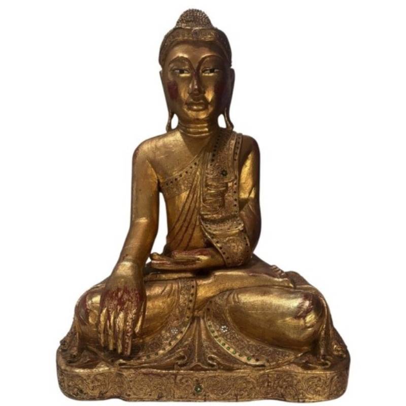 Houten Boeddhabeeld uit Myanmar met versleten bladgoud en natuurlijke patina
