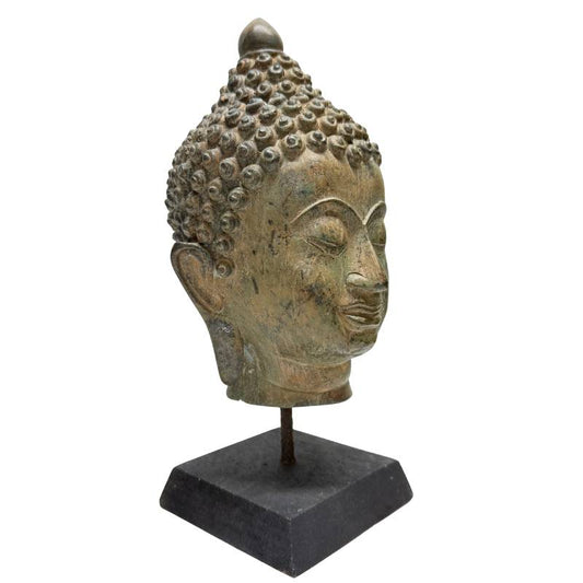 Bronzen Boeddhahoofd met fijn uitgewerkte spiraalkrullen