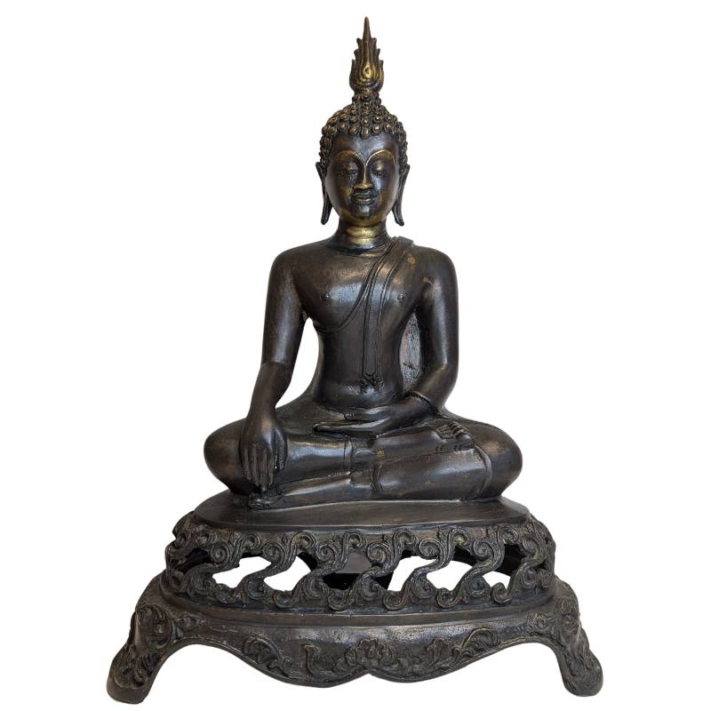 Antike sitzende Buddha-Statue aus Bronze mit Bhumisparsha-Mudra, Südostasien, Ende des 19. Jahrhunderts