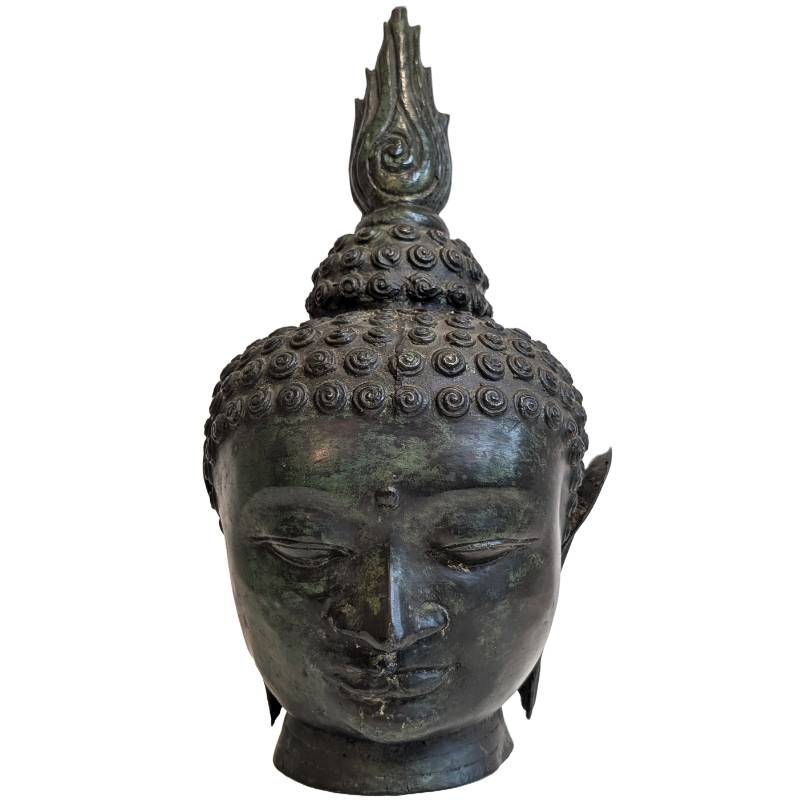 Antiker thailändischer Buddha-Kopf aus Bronze mit flammenförmigem Ushnisha
