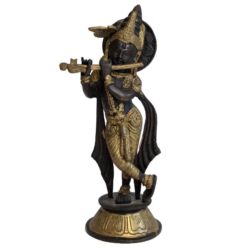 Antike Krishna-Statue aus Bronze mit Flöte, Indien, 19. Jahrhundert