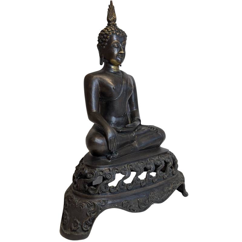 Antike sitzende Buddha-Statue aus Bronze mit Bhumisparsha-Mudra, Südostasien, Ende des 19. Jahrhunderts
