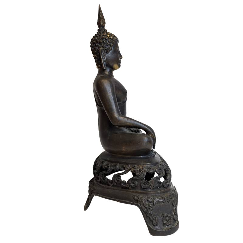 Antike sitzende Buddha-Statue aus Bronze mit Bhumisparsha-Mudra, Südostasien, Ende des 19. Jahrhunderts