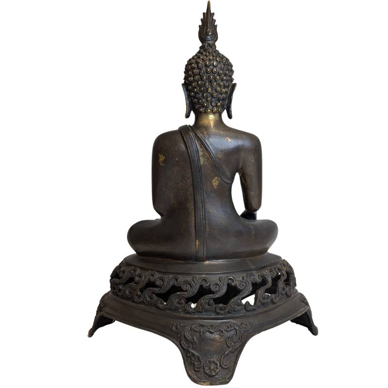 Antike sitzende Buddha-Statue aus Bronze mit Bhumisparsha-Mudra, Südostasien, Ende des 19. Jahrhunderts