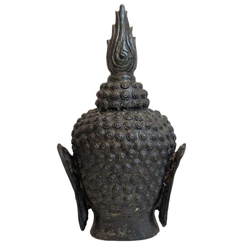Antiker thailändischer Buddha-Kopf aus Bronze mit flammenförmigem Ushnisha