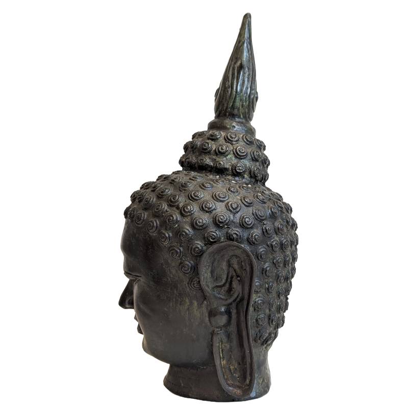 Antiker thailändischer Buddha-Kopf aus Bronze mit flammenförmigem Ushnisha