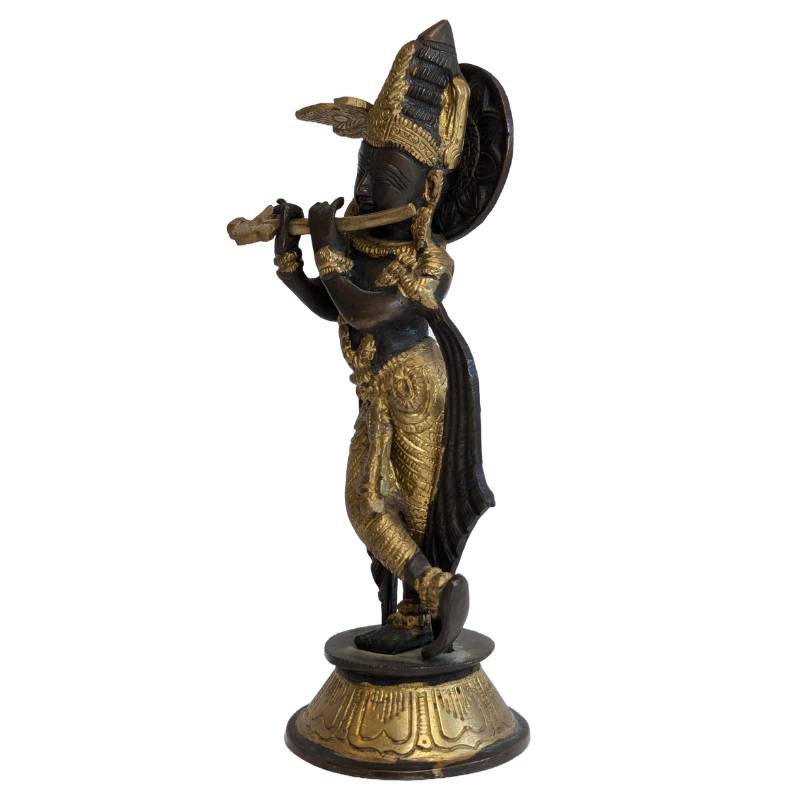 Antike Krishna-Statue aus Bronze mit Flöte, Indien, 19. Jahrhundert