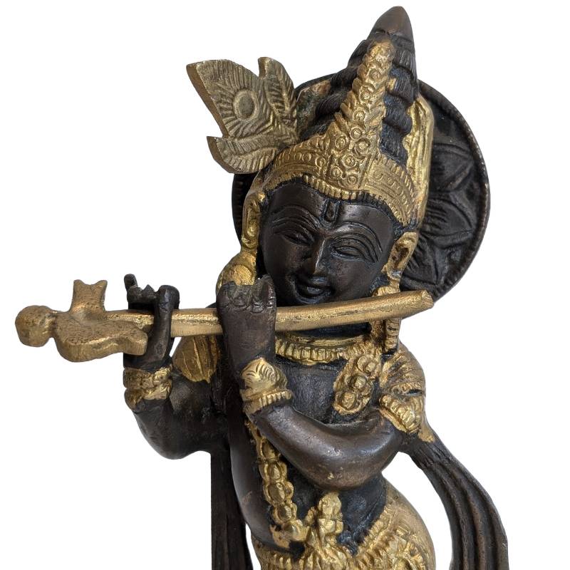 Antike Krishna-Statue aus Bronze mit Flöte, Indien, 19. Jahrhundert