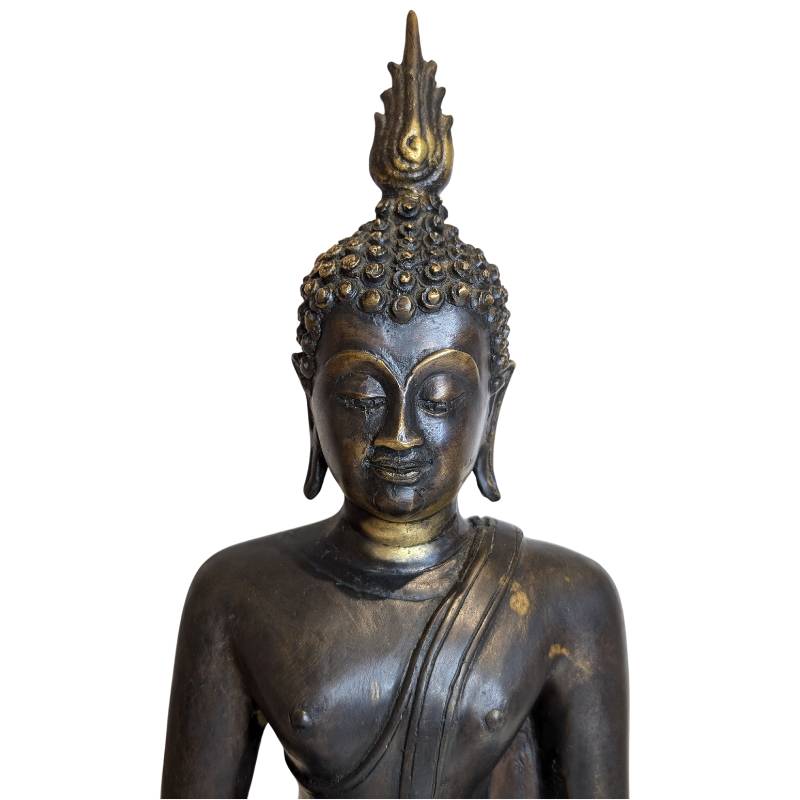 Antike sitzende Buddha-Statue aus Bronze mit Bhumisparsha-Mudra, Südostasien, Ende des 19. Jahrhunderts