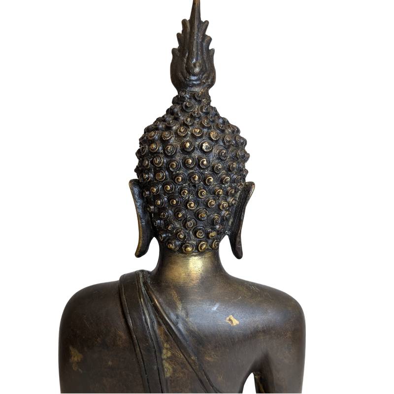 Antike sitzende Buddha-Statue aus Bronze mit Bhumisparsha-Mudra, Südostasien, Ende des 19. Jahrhunderts