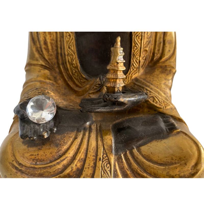 Amitabha bronzen Boeddha met oude patina en rituele elementen