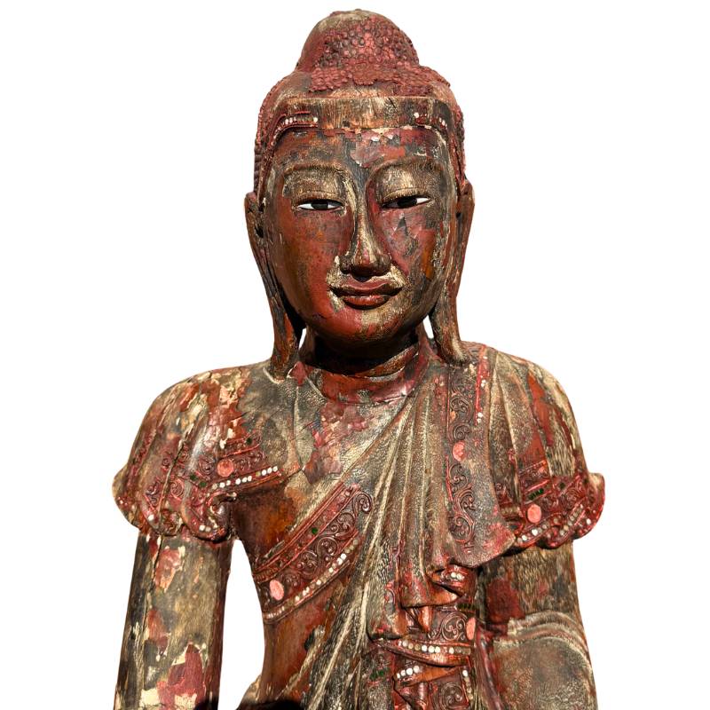 Antiek houten Boeddhabeeld uit Myanmar
