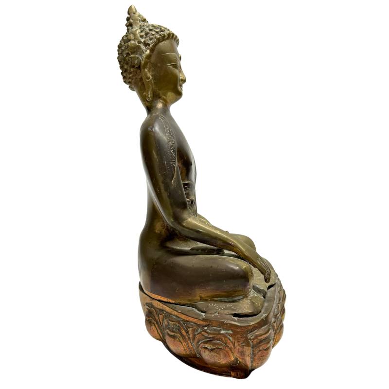 Antiek bronzen boeddha Sino Tibetaans bhumisparsha mudra met oude patina
