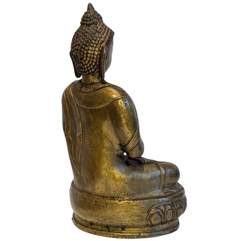 Antiek bronzen Boeddhabeeld met vuurvergulding in dharmachakra mudra