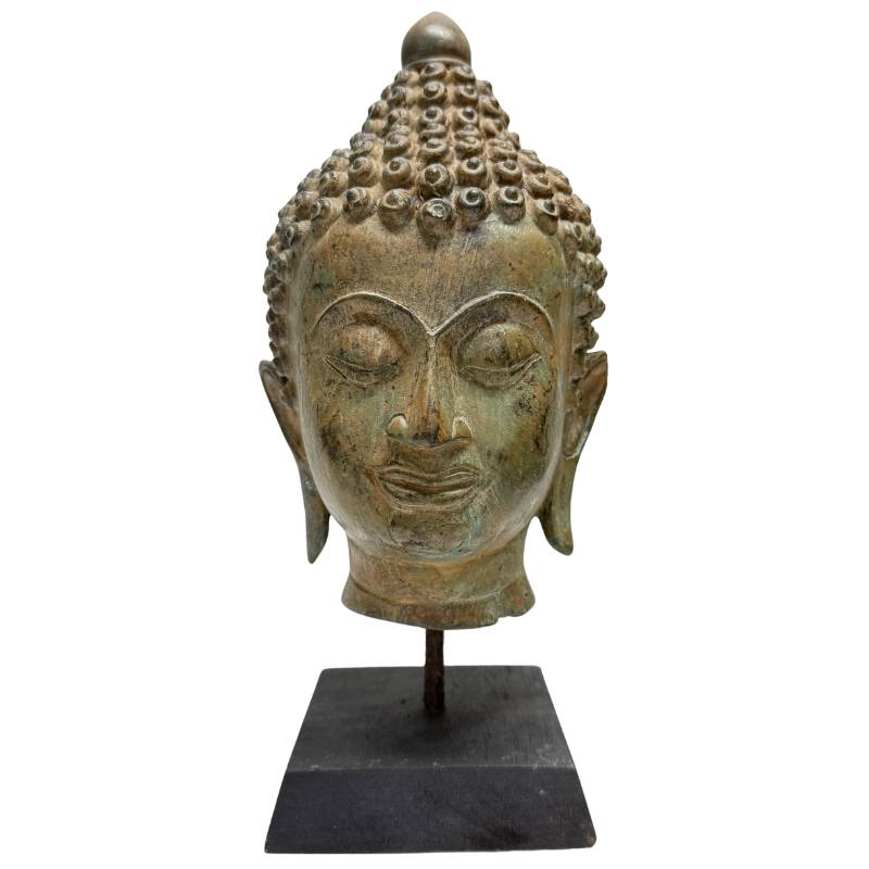 Antiek bronzen Boeddhahoofd uit de 19e eeuw met natuurlijke patina