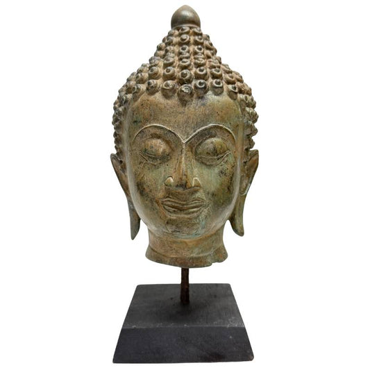 Antiek bronzen Boeddhahoofd uit de 19e eeuw met natuurlijke patina