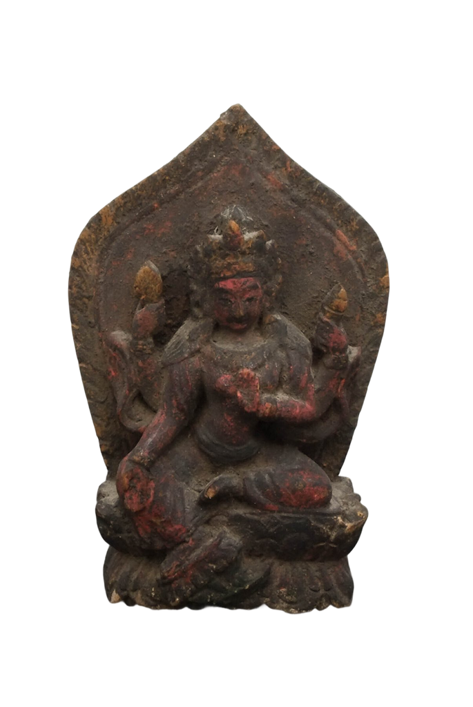 Antiek houten Tara-beeld uit de Himalaya, 19e eeuw, devotioneel boeddhistisch beeld met originele patina