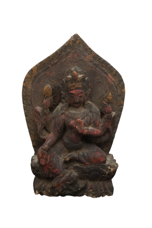 Antiek houten Tara-beeld uit de Himalaya, 19e eeuw, devotioneel boeddhistisch beeld met originele patina