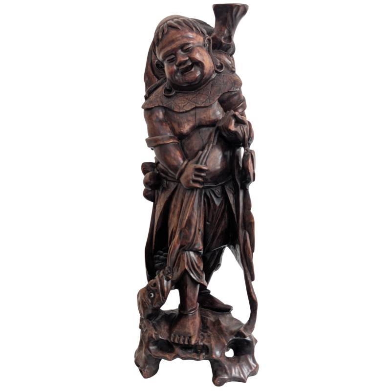 Antiek Japans Ebisu beeld in handgesneden rozenhout, vroege 20e eeuw