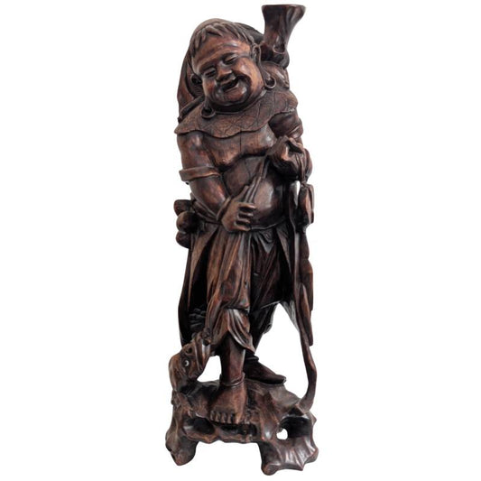 Antiek Japans Ebisu beeld in handgesneden rozenhout, vroege 20e eeuw