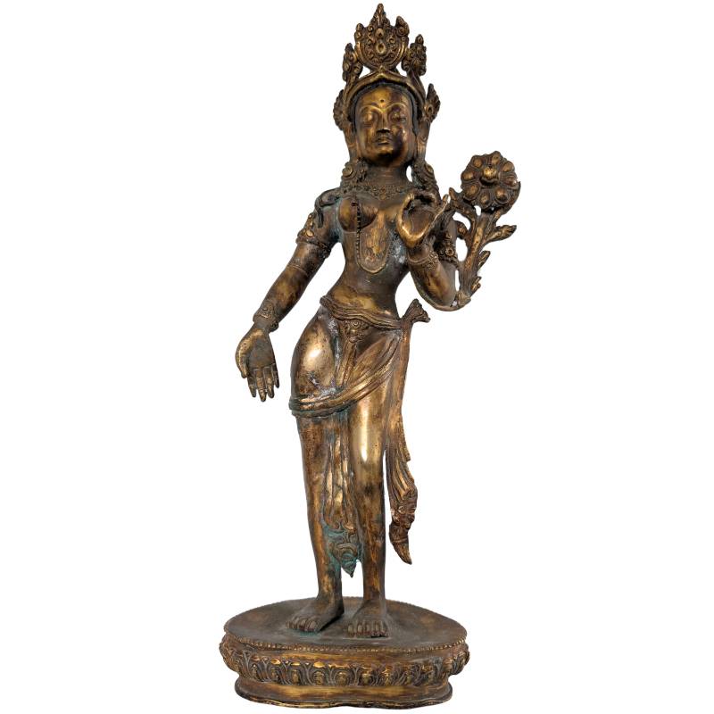 Antiek Tara beeld Nepal brons staand met lotus utpala varada mudra vuurverguld