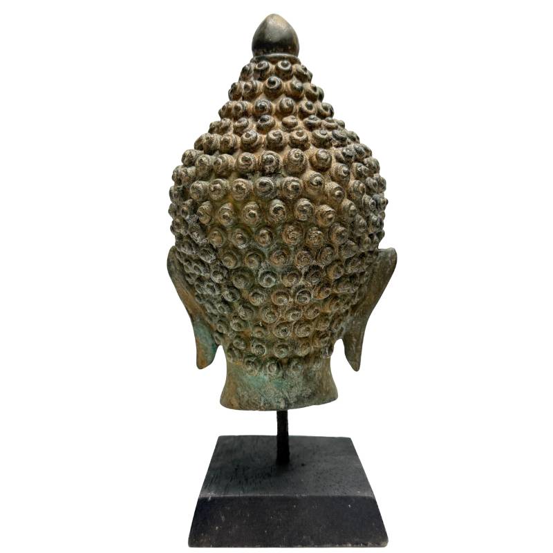 Antiek Thais bronzen Boeddhahoofd in Rattanakosin stijl met zachte gelaatsuitdrukking