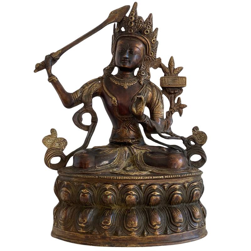 Antiek Tibetaans Manjushri beeld in brons met restvergulding