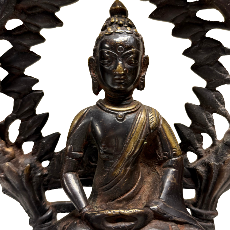 Antieke bronzen boeddha uit de Himalaya met vuurvergulding en aureool