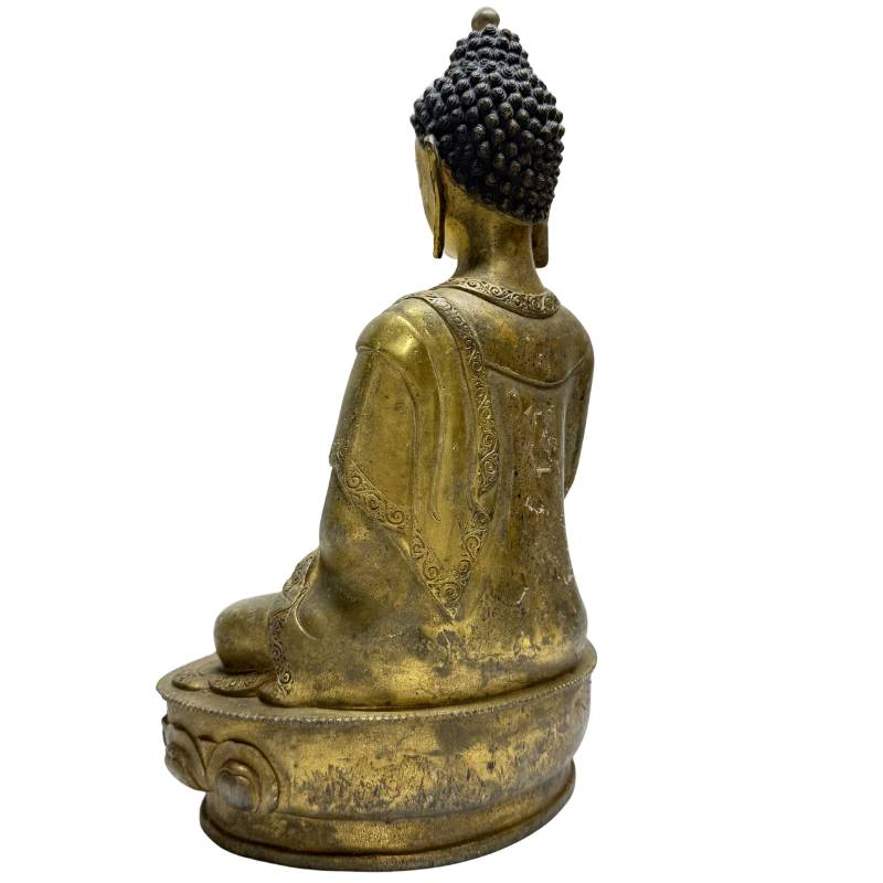 Antieke bronzen Geneesheer Boeddha met natuurlijke slijtage en oude patina