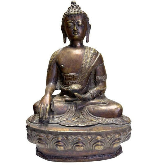 Antieke bronzen Medicijnboeddha uit de Himalaya traditie op lotusbasis