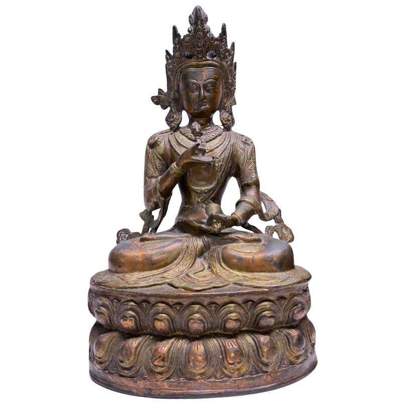 Antieke bronzen Vajrasattva met vajra en ghanta in meditatiehouding