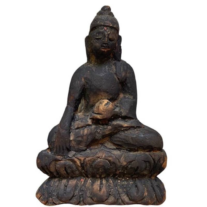 Antieke houten Boeddha Himalaya devotiebeeld