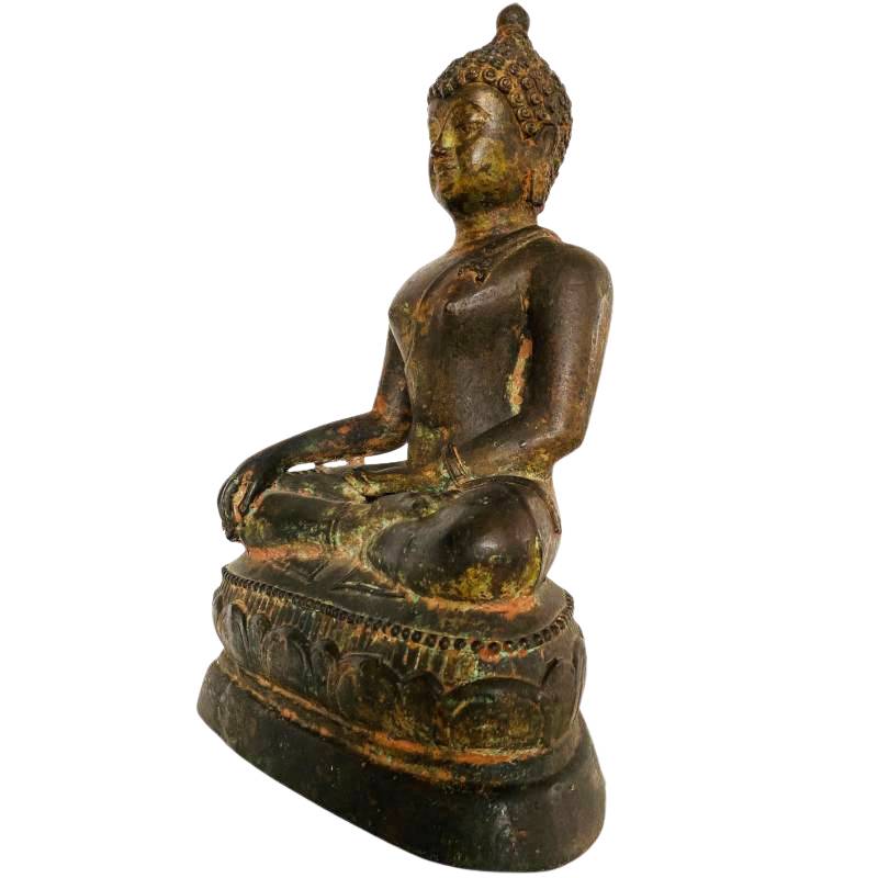 Antieke Thaise Boeddha in brons met lotusbasis en bhumisparsha mudra