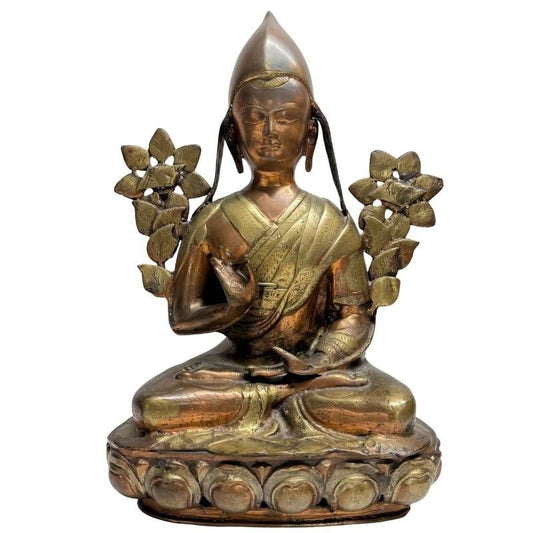 Antieke Tsongkhapa Lama van vuurverguld brons uit Ladakh