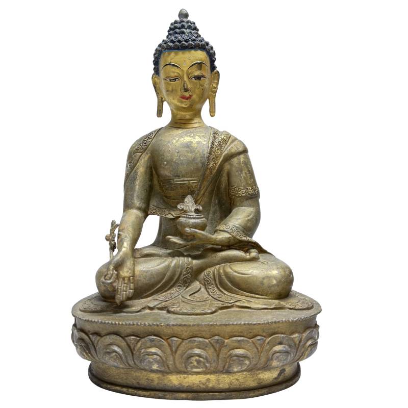 Antieke vuurvergulde Geneesheer Boeddha in brons met originele beschildering