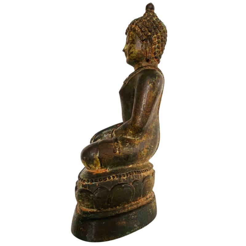 Ayutthaya bronzen Boeddha met natuurlijke patina en bhumisparsha mudra
