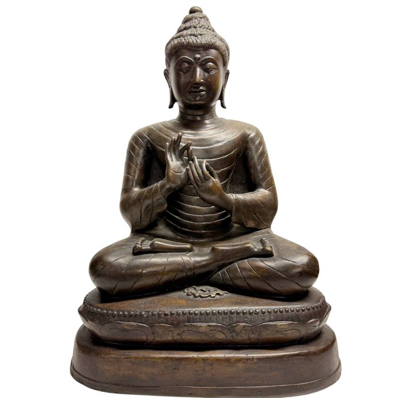 birmese boeddha dharmachakra mudra bronzen beeld met oude patina mandalay stijl