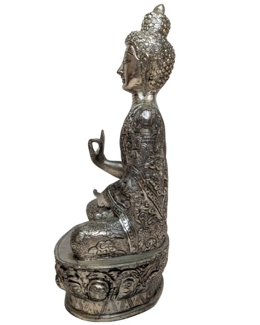 Nepalese Boeddha in zilverkleurige koperlegering Abhaya mudra
