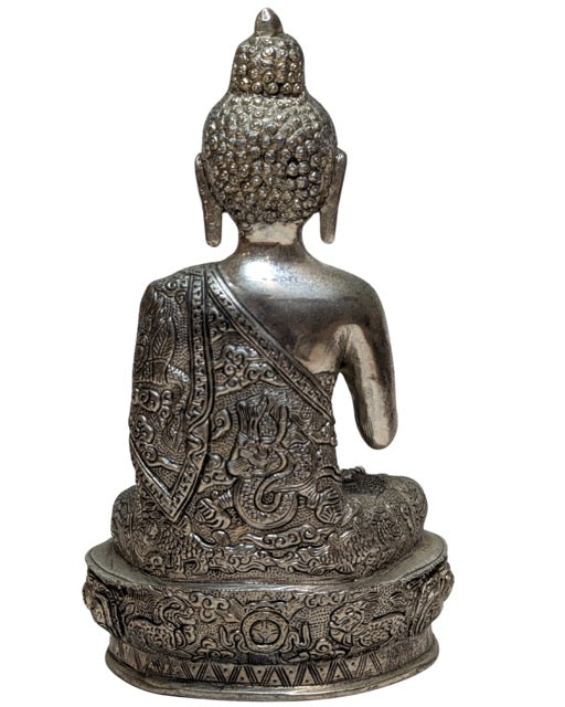 Nepalese Boeddha in zilverkleurige koperlegering Abhaya mudra