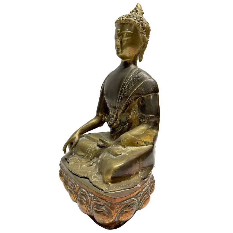 Bronzen boeddhabeeld Sino Tibetaans bhumisparsha mudra met natuurlijke patina