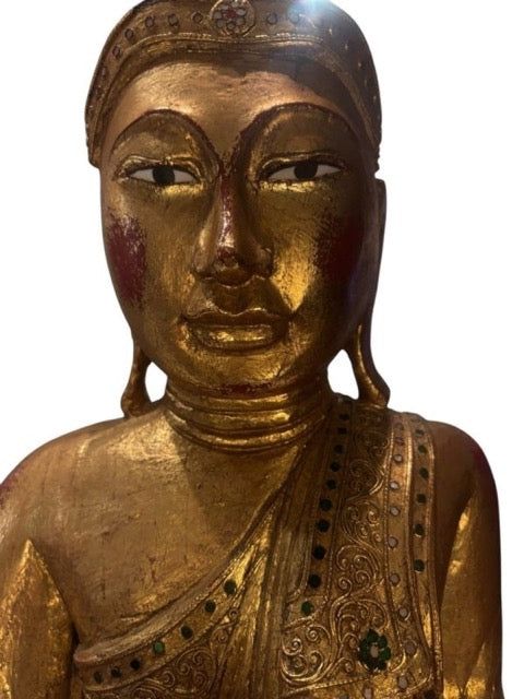 Authentiek houten Boeddhabeeld uit Myanmar, 19e eeuw, met natuurlijke patina