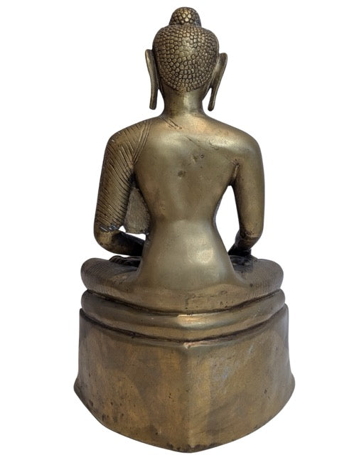 Bronzen Shakyamuni Boeddha op troon met olifantenmotief