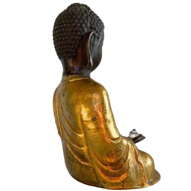 Bronzen Boeddha uit Nepal met kristal en stupa in meditatie houding