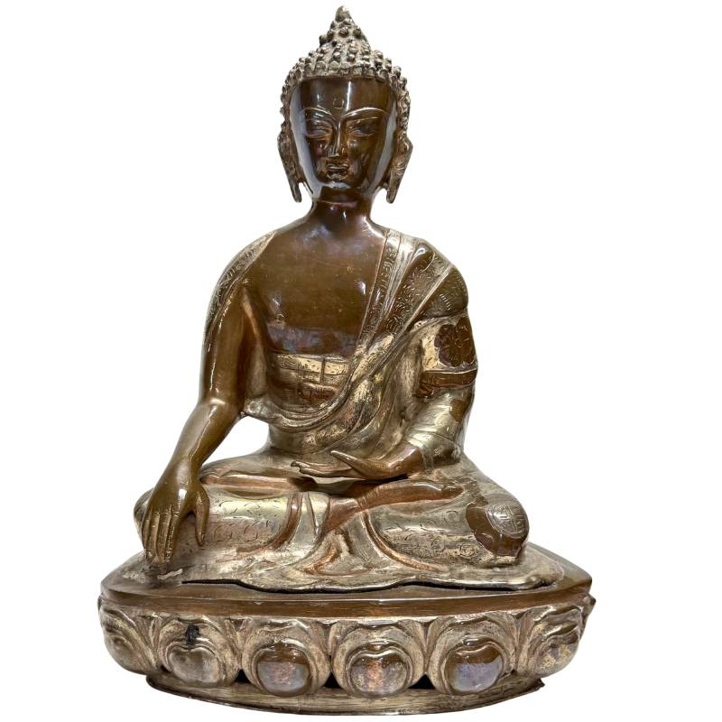bronzen boeddhabeeld bhumisparsha mudra gegraveerd gewaad patina