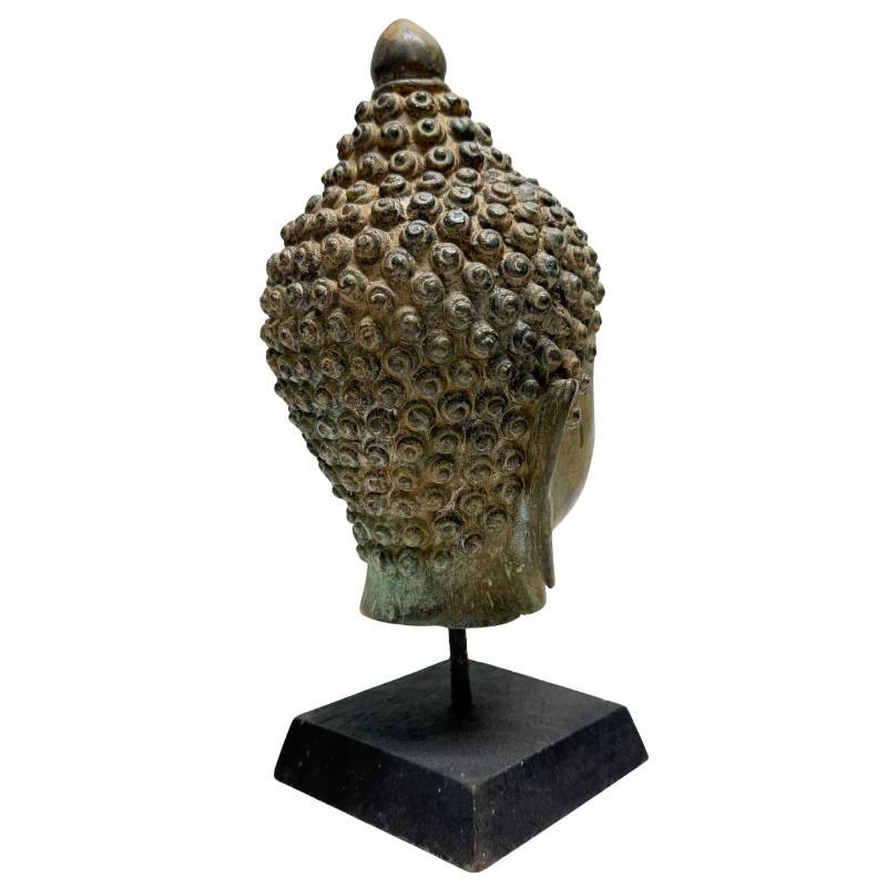 Zijaanzicht van bronzen boeddhahoofd met verfijnde gelaatstrekken