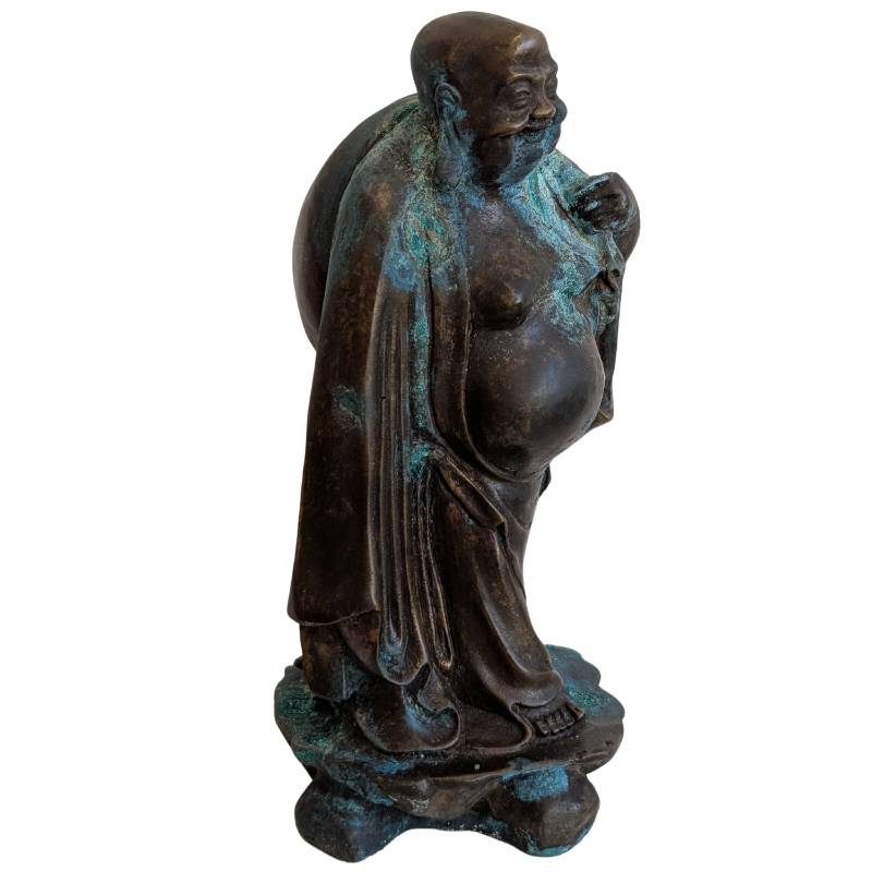 Bronzen Budai beeld uit China met resten van vuurvergulding