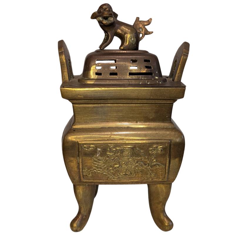 Chinese bronzen wierookbrander op vier poten met leeuwendeksel, China, 19e eeuw