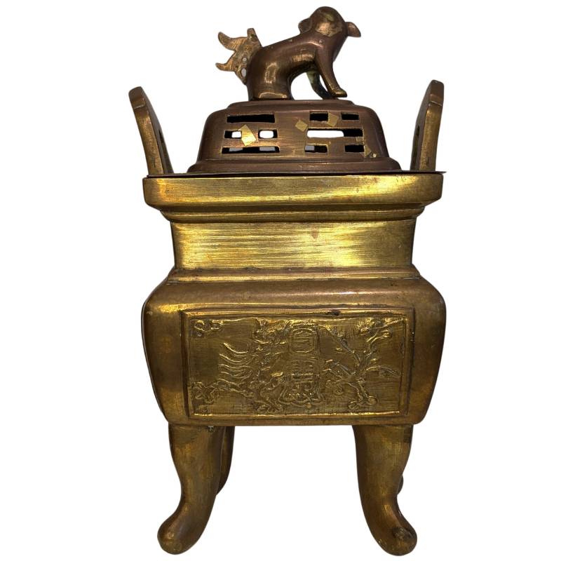 Chinese bronzen wierookbrander met reliëfpanelen en tempelvorm, China, 19e eeuw