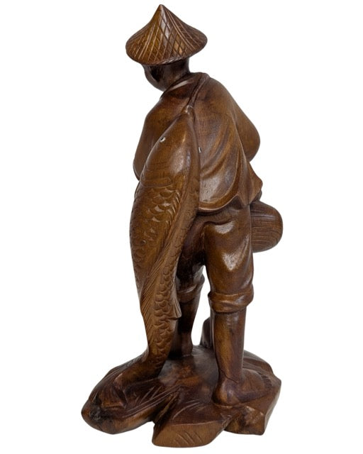 Chinees geluksbeeld van visser met karper van hout